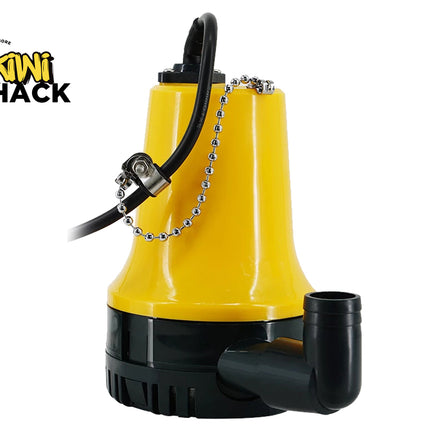 Yellow and black submersible pump with 'Kiwi Shack' branding on a white background