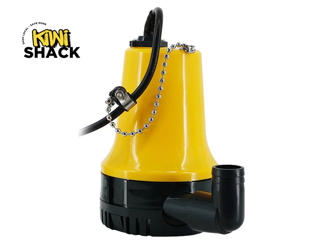 Yellow and black submersible pump with 'Kiwi Shack' branding on a white background