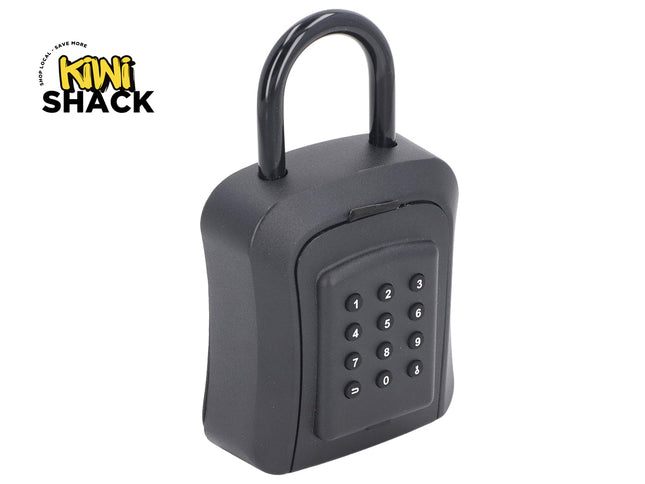 A black electronic keypad security lock with a U-shaped shackle, shown on a white background with a Kiwi Shack logo in the top-left corner.