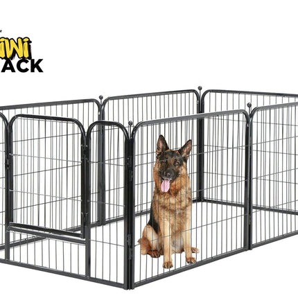 A black metal wire dog playpen with a German Shepherd sitting inside, shown on a plain white background with the Kiwi Shack logo in the top-left corner.