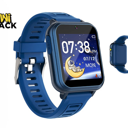 A blue kids' smartwatch with a protective black bezel and a blue strap, shown alongside a smaller side view of the same watch. The brand logo 'Kini Shack' is visible in the top left corner.