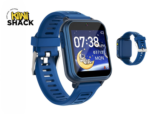 A blue kids' smartwatch with a protective black bezel and a blue strap, shown alongside a smaller side view of the same watch. The brand logo 'Kini Shack' is visible in the top left corner.