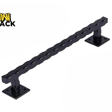 A black metal ladder rail with twisted slat detailing and square mounting brackets, shown on a white background with the Kiwi Shack logo in the top-left corner.