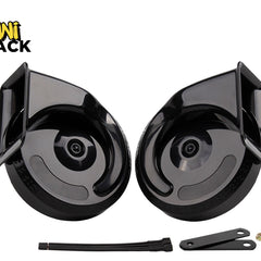 A pair of glossy black snail-type car horns displayed against a white background, accompanied by mounting brackets, zip ties, and fastening nuts, with the "Kiwi Shack" logo in the top left corner.