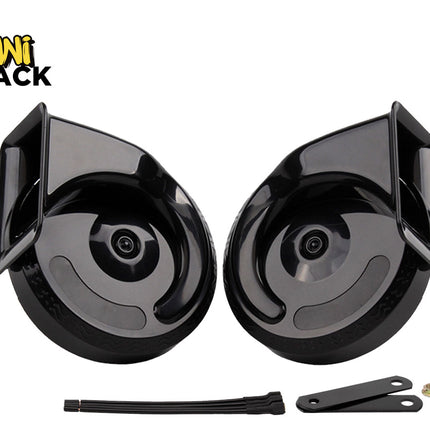 A pair of glossy black snail-type car horns displayed against a white background, accompanied by mounting brackets, zip ties, and fastening nuts, with the "Kiwi Shack" logo in the top left corner.