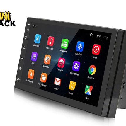 Car multimedia screen with app icons on a white background, branded 'Kiwi Shack'.