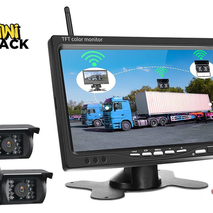 TFT color monitor with two cameras and a remote control on a white background, featuring Kini Shack brand.