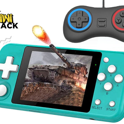 Teal-green handheld retro video game console displaying a tank battle game on its screen, accompanied by a separate black wired game controller with blue and red accent rings around the D-pad and action buttons, featuring the Kiwi Shack logo watermark.