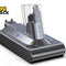 Silver and charcoal robotic vacuum cleaner auto-empty dock / charging base featuring a clear dust collection canister tower, status indicator lights labeled "FILTER", power dock contacts, and the Kiwi Shack logo watermark.