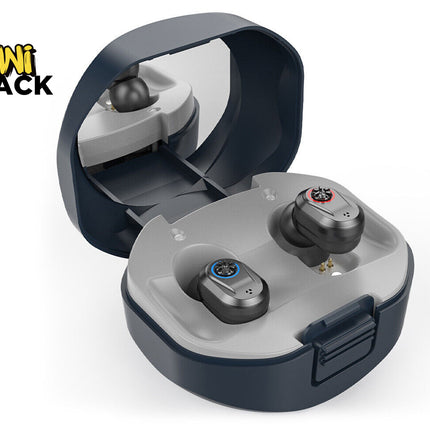 True wireless earbuds in a charging case with 'Kiwi Shack' branding.
