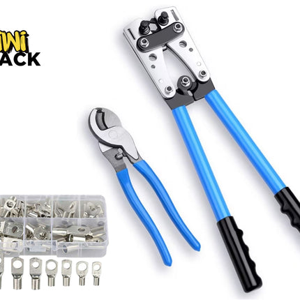 A wire terminal crimping tool set featuring a heavy-duty cable lug crimper with long blue-handled levers, a smaller cable cutter tool, and an assorted compartment box of metallic wire lugs and connectors, with a "Kiwi Shack" logo in the top left corner.