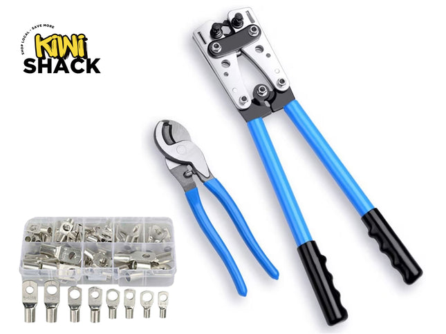 A wire terminal crimping tool set featuring a heavy-duty cable lug crimper with long blue-handled levers, a smaller cable cutter tool, and an assorted compartment box of metallic wire lugs and connectors, with a "Kiwi Shack" logo in the top left corner.