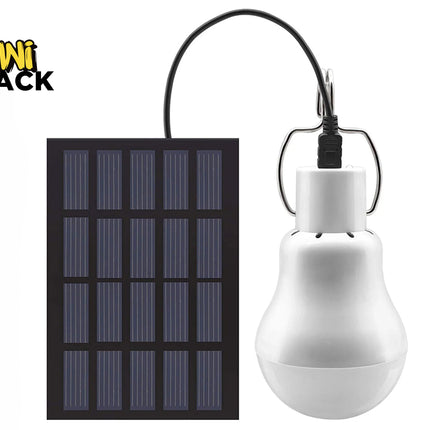 A portable solar-powered LED bulb connected by a black cord to a rectangular solar panel against a white background, featuring the "Kiwi Shack" logo in the upper left corner.
