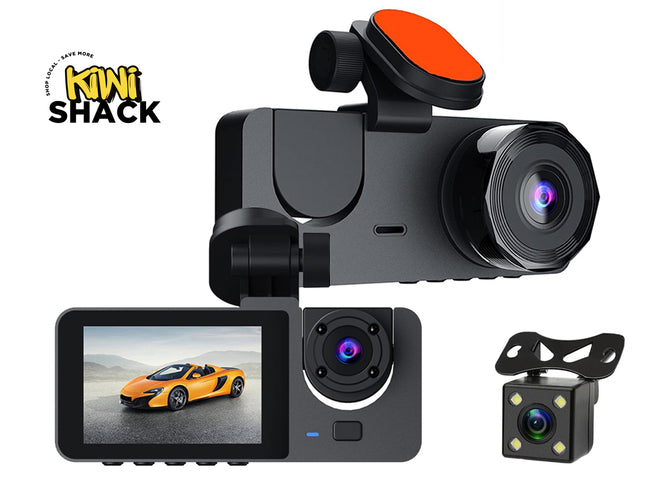 Black Kiwi Shack dash cam set shown on a white background, including the main front camera with orange accent, a rear camera, and a screen view display. Kiwi Shack logo is visible in the top left.
