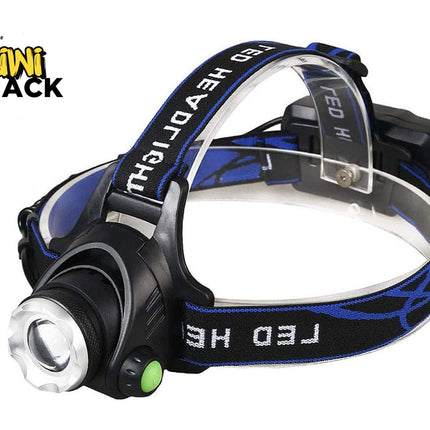 A black and blue LED headlamp with an adjustable strap and a green power button, featuring the "Kiwi Shack" logo in the top-left corner.