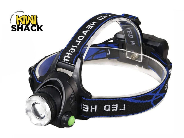 A black and blue LED headlamp with an adjustable strap and a green power button, featuring the "Kiwi Shack" logo in the top-left corner.