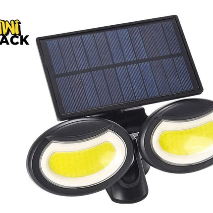 Solar-powered outdoor light fixture with two yellow lights and a solar panel on a white background, branded 'Kiwi Shack'.