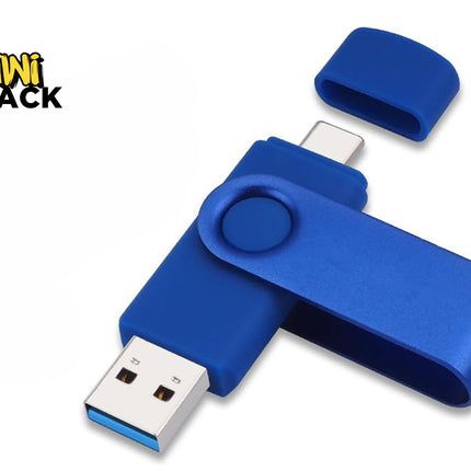 A blue multi-interface flash drive featuring both a standard USB-A connector and a Type-C connector with protective caps, with a "Kiwi Shack" logo in the top left corner.