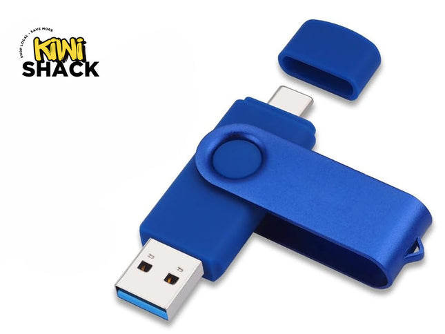 A blue multi-interface flash drive featuring both a standard USB-A connector and a Type-C connector with protective caps, with a "Kiwi Shack" logo in the top left corner.