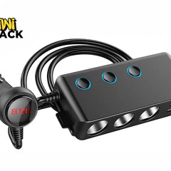 A black multi-socket car cigarette lighter adapter with three power outlets, dual USB ports, and three independent power switches outlined in blue light, connected via a cable to a 12V plug featuring an integrated red digital voltage display, with the "Kiwi Shack" logo in the top left corner.