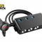 A black multi-socket car cigarette lighter adapter with three power outlets, dual USB ports, and three independent power switches outlined in blue light, connected via a cable to a 12V plug featuring an integrated red digital voltage display, with the "Kiwi Shack" logo in the top left corner.