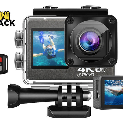 Action camera with screens and remote control on a white background, branded 'Kiwi Shack'.