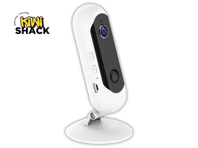 White camera on a stand with 'Kiwi Shack' branding on a white background