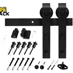 Barn door hardware set with screws and brackets on a white background, featuring the Kiwi Shack logo.