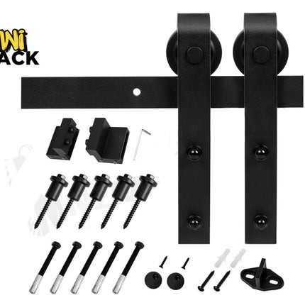 Barn door hardware set with screws and brackets on a white background, featuring the Kiwi Shack logo.