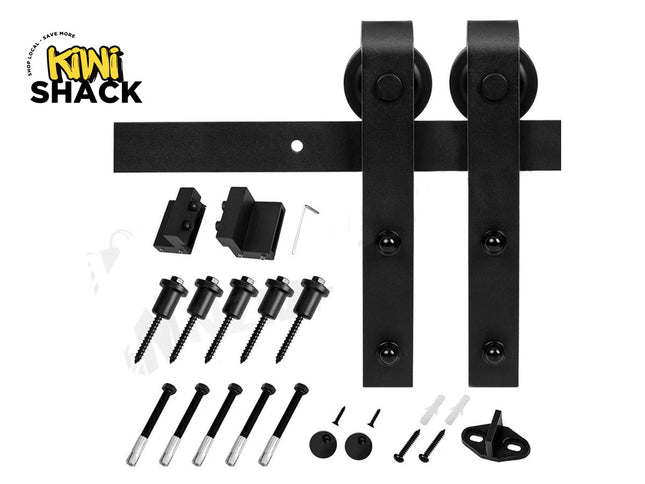 Barn door hardware set with screws and brackets on a white background, featuring the Kiwi Shack logo.
