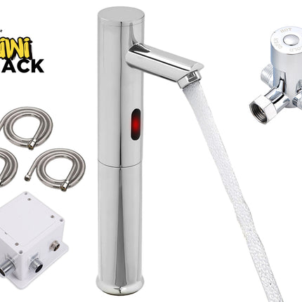A chrome single-handle automatic感应 faucet with a water stream, shown with a wall valve, four metal hose sections, and a white electrical box on a white background. The Kiwi Shack logo is visible in the top left.