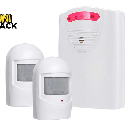 Kiwi Shack wireless home security motion sensor driveway alarm system with dual infrared sensors and alert receiver.