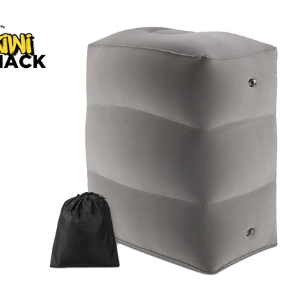 Gray inflatable cube with a black drawstring bag on a white background, featuring the Kiwi Shack logo.