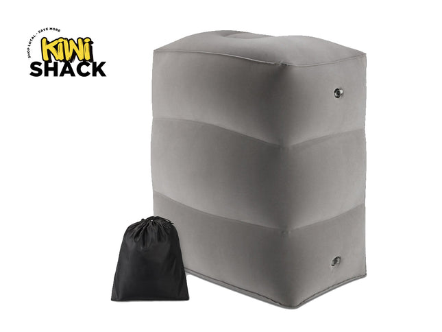 Gray inflatable cube with a black drawstring bag on a white background, featuring the Kiwi Shack logo.