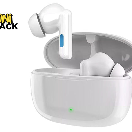 White wireless earbuds with charging case on a white background, branded 'Kiwi Shack'.