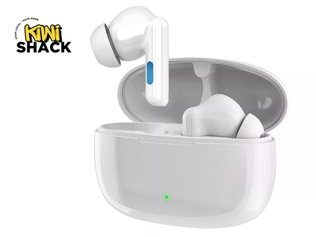 White wireless earbuds with charging case on a white background, branded 'Kiwi Shack'.