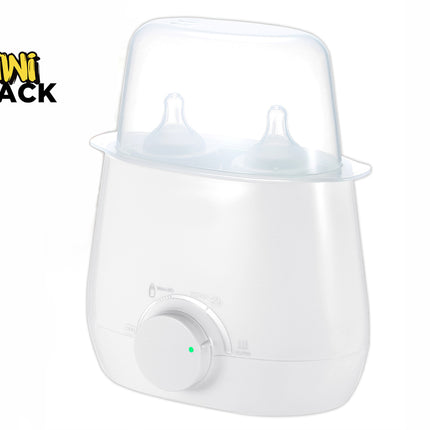 A white electric baby bottle sterilizer with a clear protective cover and two bottles inside, shown on a white background with a Kiwi Shack logo in the top left corner.