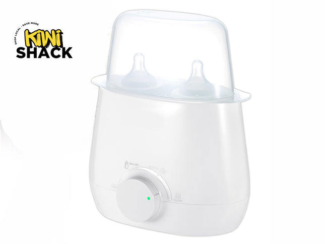 A white electric baby bottle sterilizer with a clear protective cover and two bottles inside, shown on a white background with a Kiwi Shack logo in the top left corner.