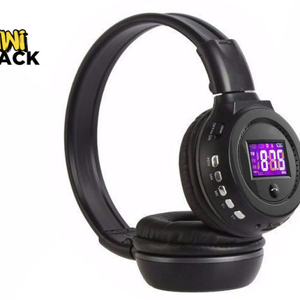 A pair of black over-ear wireless headphones featuring a digital LCD screen and playback control buttons on the ear cup, with the "Kiwi Shack" logo in the top-left corner.