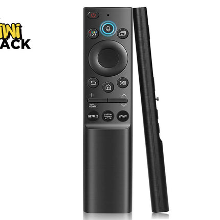 Slim metallic-finish smart TV voice remote control shown face-on and profile view, featuring a circular D-pad, blue-ringed voice/mic button, shortcut streaming service buttons for Netflix, Prime Video, and WWW, with Kiwi Shack logo in top left.