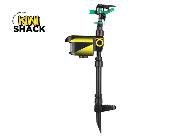 Garden sprinkler with black and yellow design on a white background, featuring the Kiwi Shack brand.