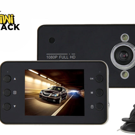 A 1080p full HD dashboard camera with a display screen showing a car in a tunnel, along with its rear view and suction mount, featuring the "Kiwi Shack" logo in the top-left corner.