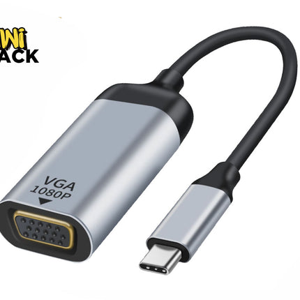 A silver and black USB-C to VGA adapter cable labeled "VGA 1080P" on the housing, connecting a female VGA port on the left to a male USB-C connector on the right, featuring a "Kiwi Shack" logo in the top left corner.