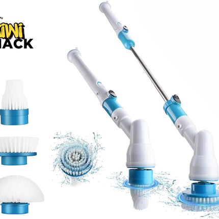 A cordless electric spin scrubber in blue and white shown in two lengths, accompanied by three interchangeable brush heads on the left and a close-up of a brush head spinning in water, set against a white background with the "Kiwi Shack" logo in the top left corner.