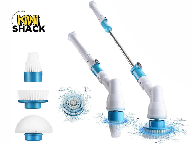 A cordless electric spin scrubber in blue and white shown in two lengths, accompanied by three interchangeable brush heads on the left and a close-up of a brush head spinning in water, set against a white background with the "Kiwi Shack" logo in the top left corner.