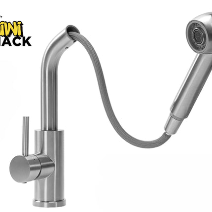 Stainless steel kitchen faucet with flexible spray head on a white background, featuring the Kiwi Shack logo.