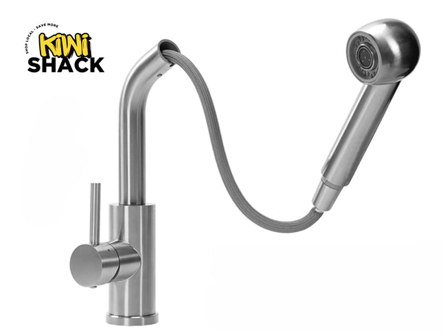 Stainless steel kitchen faucet with flexible spray head on a white background, featuring the Kiwi Shack logo.