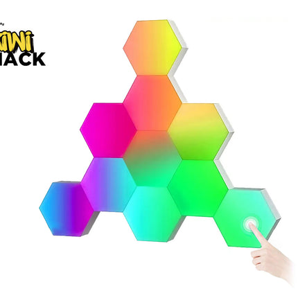 Colorful hexagonal LED lights with a hand pressing one of them, on a white background with 'Kiwi Shack' branding.