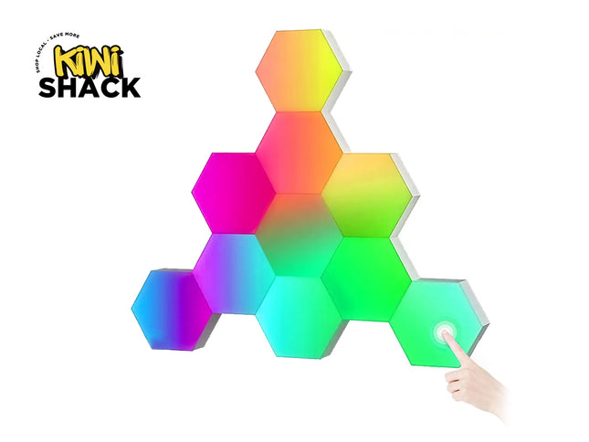 Colorful hexagonal LED lights with a hand pressing one of them, on a white background with 'Kiwi Shack' branding.