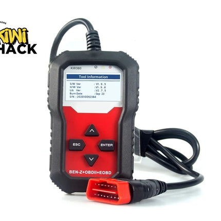 Car diagnostic tool with display on a white background, branded with 'Kiwi Shack'.